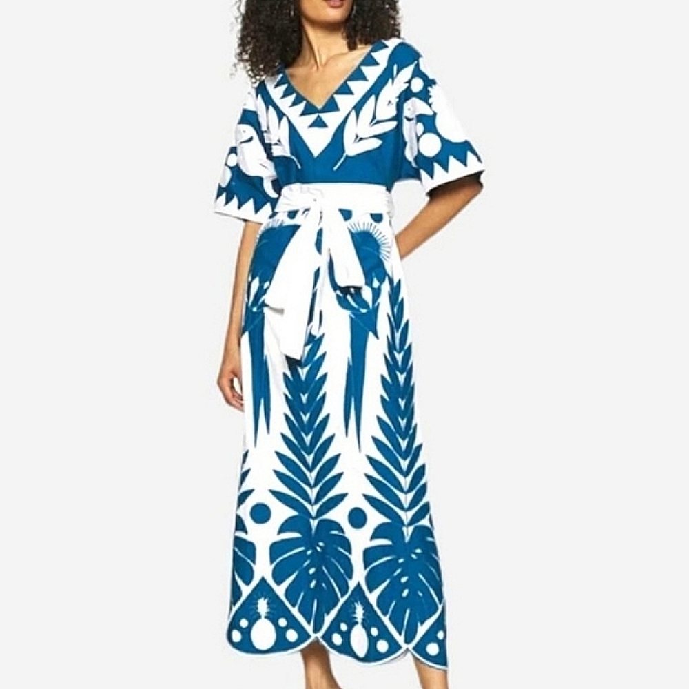 Farm Rio Blue Patchword Embroidered Maxidress